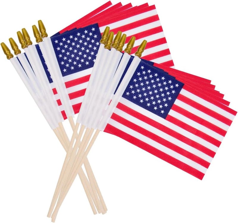 Uelfbaby 12 pcs 4x6 Inch American Flags on Sticks, Mini Handheld US Flags Stick with Solid Wooden Pole Safety Spear Tip for Yard, Memorial Day, Independence Day Decoration,4th of July Outdoor Decor - Image 1
